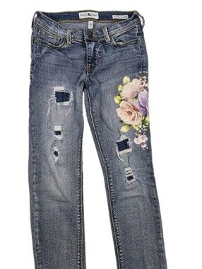 Black Daisy Jamie Relaxed Skinny Gitls Sz 8 Floral Embellish Sku0648